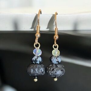 Black Lava Rock, Cristobalite Snowflake Obsidian, AB, and Gold Dangle Earrings